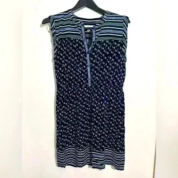 Loft Outlet Shift Dress Navy White Elastic Waist Sleeveless Stripes Floral MP - Picture 1 of 6